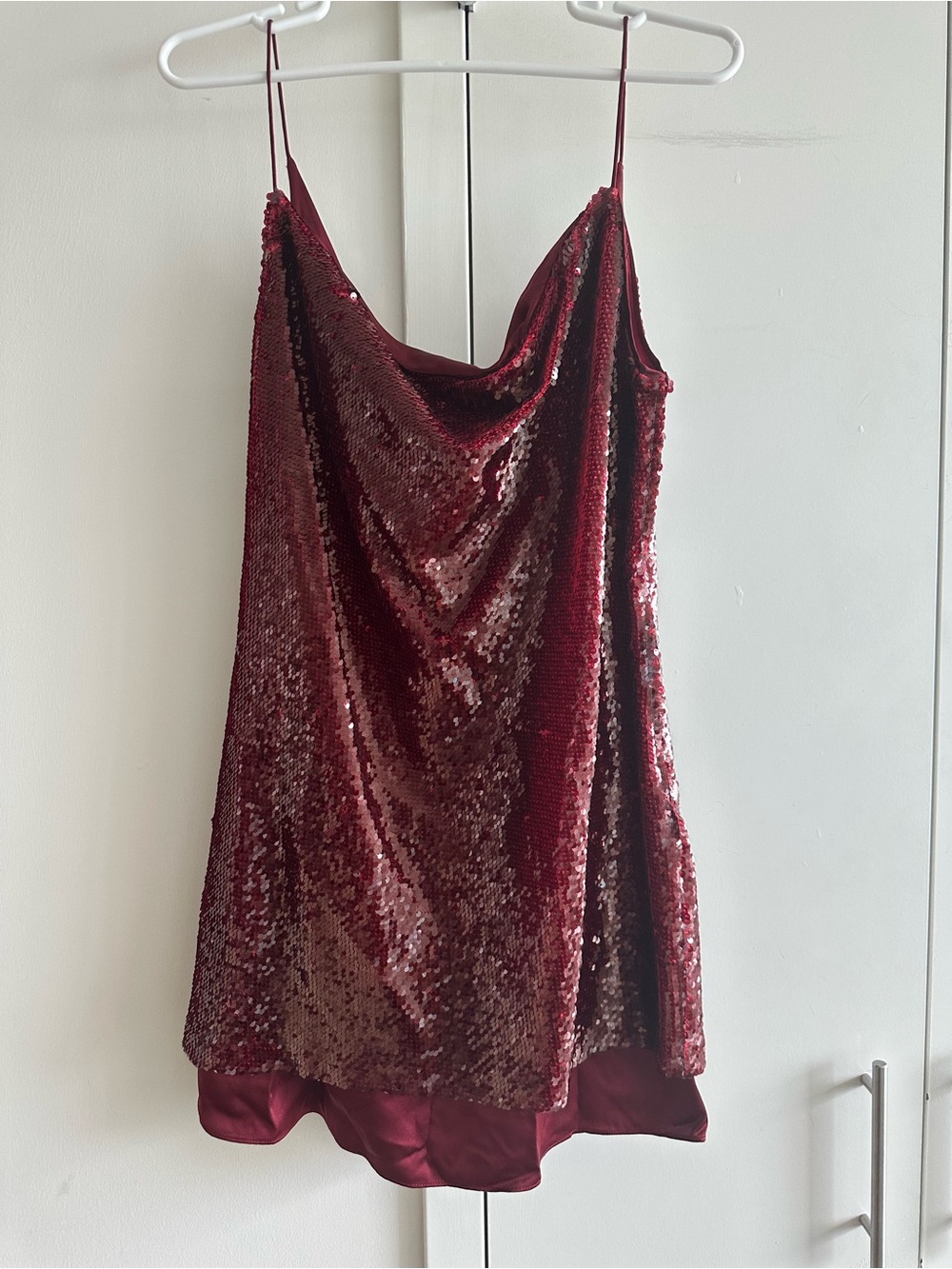 Cinq a sept Red Sequin Cowl Neck Slip Dress